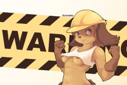 Rule 34 | 1girl, :3, animal ears, animal nose, areola slip, artist name, bare shoulders, breasts, brown eyes, brown gloves, brown hair, clenched hands, closed mouth, collarbone, construction worker, crop top, dog ears, dog girl, echoseed, english text, female focus, furry, furry female, gloves, hands up, happy, hard hat, hazard stripes, helmet, looking at viewer, navel, no bra, original, shirt, short hair, sidelocks, signature, sleeveless, sleeveless shirt, small breasts, smile, snout, solo, standing, stomach, text background, underboob, upper body, white shirt, yellow background, yellow headwear