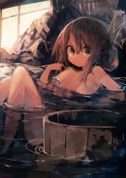 Rule 34 | 1girl, absurdres, bathing, breasts, brown eyes, brown hair, bucket, commentary, folded ponytail, hair between eyes, hand on own shoulder, highres, inazuma (kancolle), kaamin (mariarose753), kantai collection, looking at viewer, night, onsen, outdoors, partially submerged, sitting, small breasts, solo, water