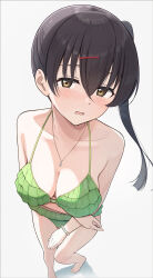 1girl absurdres akamine_ten bikini black_hair blush breasts embarrassed emma_verde green_bikini highres jewelry large_breasts love_live! love_live!_nijigasaki_high_school_idol_club love_live!_nijigasaki_high_school_idol_club_kanketsu-hen necklace side_ponytail swimsuit tata_(tataice) yellow_eyes