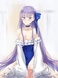 Rule 34 | 1boy, 1girl, bad id, bad pixiv id, bare shoulders, blue eyes, blue ribbon, blush, breasts, choker, clothed female nude male, clothed sex, clothing aside, coffeekite, collarbone, cowgirl position, cum, cum in pussy, fate/grand order, fate (series), frilled one-piece swimsuit, frills, girl on top, hair ribbon, hetero, highleg, highleg swimsuit, highres, long hair, long sleeves, looking at viewer, meltryllis, meltryllis (fate), meltryllis (swimsuit lancer) (fate), meltryllis (swimsuit lancer) (second ascension) (fate), nipples, nude, off-shoulder one-piece swimsuit, off shoulder, one-piece swimsuit, puffy sleeves, purple hair, pussy, ribbon, sex, sleeves past fingers, sleeves past wrists, small breasts, straddling, swimsuit, swimsuit aside, thighs, vaginal, very long hair, white ribbon