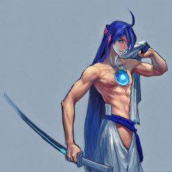 Rule 34 | 1boy, ahoge, android, bad id, bad pixiv id, bare pectorals, blue background, blue eyes, clenched hand, closed mouth, core, glowing, hair down, holding, holding sword, holding weapon, japanese clothes, kamui gakupo, long hair, looking at viewer, male focus, nipples, pectorals, purple hair, shikuchouson, simple background, solo, sword, toned, toned male, very long hair, vocaloid, weapon