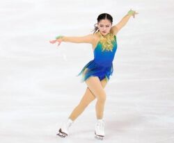 Rule 34 | 1girl, blue leotard, figure skating, ice, ice skates, leotard, photo (medium), skates, watanabe rinka
