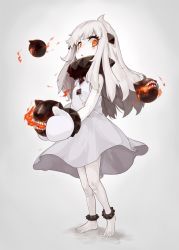 Rule 34 | 10s, 1girl, :o, ahoge, dress, full body, horns, kantai collection, kuzu (miduhana), long hair, looking at viewer, mittens, northern ocean princess, open mouth, pale skin, red eyes, simple background, solo, white background, white hair
