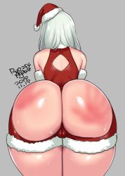 Rule 34 | 1girl, agawa ryou, ass, ass cutout, ass focus, back cutout, backless outfit, blue eyes, cameltoe, christmas, cleft of venus, clothing cutout, commentary, dated, detached sleeves, english commentary, fur trim, grey background, hair over shoulder, handprint, hat, huge ass, legs together, medium hair, mini hat, santa costume, santa hat, signature, silver hair, simple background, slap mark, solo, spanked, sweat, thong