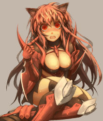 Rule 34 | 1girl, animal ears, armor, bad id, bad pixiv id, black thighhighs, breasts, cat ears, cleavage, cleavage cutout, clothing cutout, gauntlets, greaves, guillotine cross (ragnarok online), large breasts, long hair, open mouth, osobachan, pink hair, pointing, ragnarok online, red eyes, simple background, sitting, solo, sweatdrop, thighhighs