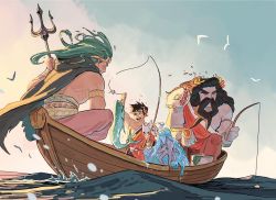 Rule 34 | 3boys, ancient greek clothes, aqua hair, bird, black hair, black sclera, boat, brothers, cape, colored sclera, facial hair, father and son, fish, fishing, fishing rod, giant, giant male, greco-roman clothes, green eyes, hades (hades), hades (series), hades 1, heterochromia, hikari toriumi, laurel crown, male focus, mismatched sclera, multiple boys, mustache, ocean, octopus, open mouth, polearm, poseidon (hades), red eyes, seagull, siblings, single bare shoulder, size difference, skull, smile, trident, uncle and nephew, water, watercraft, weapon, zagreus (hades)