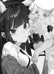 1girl absurdres animal animal_ears cat closed_mouth fingerless_gloves fox_ears fox_girl gjz1227 gloves greyscale highres holding holding_animal hoshimi_miyabi jacket long_hair looking_at_viewer monochrome necktie shirt simple_background solo upper_body zenless_zone_zero