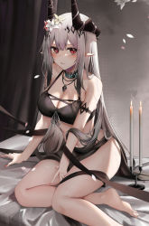 Rule 34 | 1girl, arknights, bikini, black bikini, blush, breasts, candle, chinese commentary, cleavage, falling petals, flower, foot out of frame, hair flower, hair ornament, highres, horns, infection monitor (arknights), jewelry, long hair, looking at viewer, material growth, medium breasts, mudrock (arknights), mudrock (silent night) (arknights), nail polish, navel, necklace, official alternate costume, oripathy lesion (arknights), parted lips, petals, pointy ears, red eyes, ru zhai, sitting, solo, swimsuit, very long hair, white hair
