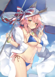 Rule 34 | 1girl, animal ears, bare shoulders, bikini, blue bikini, blue sky, blush, bracelet, breasts, cleavage, closed mouth, cloud, cowboy shot, day, fate/grand order, fate (series), fox ears, hair between eyes, halterneck, hat, highres, jewelry, kikistark, large breasts, long hair, looking at viewer, navel, necklace, ocean, outdoors, pendant, pink hair, ribbon, shiny skin, side-tie bikini bottom, sky, smile, solo, standing, stomach, string bikini, striped ribbon, sun hat, swimsuit, tamamo (fate), tamamo no mae (fate/extra), tamamo no mae (swimsuit lancer) (fate), tamamo no mae (swimsuit lancer) (third ascension) (fate), umbrella, underboob, yellow eyes