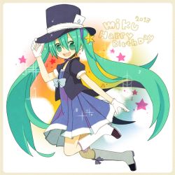 Rule 34 | 10s, 1girl, 2013, boots, card, character name, dress, gloves, green eyes, green hair, happy birthday, hat, hatsune miku, knee boots, long hair, magical mirai (vocaloid), magical mirai miku, magical mirai miku (2013), matching hair/eyes, najo, open mouth, solo, star (symbol), top hat, twintails, very long hair, vocaloid