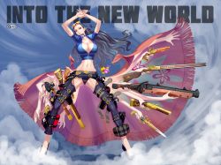 Rule 34 | 1girl, abs, arms up, artist logo, belt, black hair, breasts, chaps, choker, cleavage, commentary request, crop top, cropped jacket, dual wielding, english text, extra arms, eyewear on head, floating hair, full body, gluteal fold, gun, gunblade, hair slicked back, hana hana no mi, handgun, head tilt, high heels, highres, holding, holding gun, holding weapon, holster, jacket, large breasts, legs apart, light smile, lips, long hair, looking at viewer, midriff, navel, nico robin, one piece, outstretched arms, own hands together, parted lips, partially unzipped, pistol, q-bit, rifle, shoes, short sleeves, solo, spread arms, standing, stomach, sunglasses, sunglasses on head, thigh holster, toned, weapon, zipper, zipper pull tab