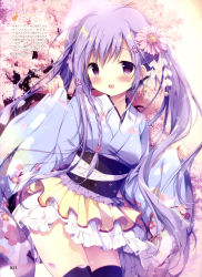 Rule 34 | 1girl, :f, absurdres, black thighhighs, blush, cherry blossoms, flower, hair flower, hair ornament, highres, japanese clothes, kimono, layered skirt, long hair, looking at viewer, original, outdoors, pink flower, purple eyes, purple hair, sash, shiratama, shiratama (shiratamaco), skirt, solo, standing, thighhighs, tree, twintails, very long hair