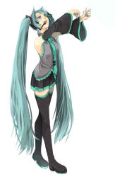 Rule 34 | 1girl, aqua eyes, aqua hair, arms up, bad id, bad pixiv id, boots, detached sleeves, full body, hatsune miku, headset, highres, long hair, looking up, necktie, open mouth, skirt, sofy, solo, thigh boots, thighhighs, twintails, very long hair, vocaloid