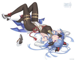 Rule 34 | 1girl, ahoge, ankle ribbon, armpits, arms up, artist name, black gloves, black pantyhose, blue hair, bodystocking, breasts, commentary request, copyright name, detached sleeves, flower knot, unworn footwear, full body, ganyu (genshin impact), genshin impact, gloves, high heels, highres, horns, ki min-woo, knees up, leg ribbon, long hair, long sleeves, looking at viewer, lying, medium breasts, on back, pantyhose, parted lips, purple eyes, red ribbon, revision, ribbon, shoes, unworn shoes, single shoe, solo, tassel, thighlet, very long hair, white footwear