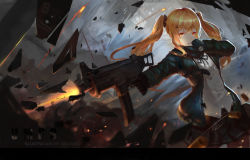 Rule 34 | 1girl, absurdres, ammunition pouch, arm belt, arm strap, belt, black ribbon, blonde hair, brown pantyhose, buttons, character name, clenched teeth, copyright name, cowboy shot, dress shirt, explosion, explosive, finger on trigger, firing, girls&#039; frontline, gloves, green gloves, green jacket, green skirt, grenade, gun, h&amp;k ump, h&amp;k ump, hair ornament, hairclip, hand to own mouth, hands up, heckler &amp; koch, highres, holding, holding gun, holding weapon, hood, hooded jacket, hoodie, jacket, long hair, long sleeves, neck ribbon, open clothes, open hoodie, open jacket, pantyhose, personification, pleated skirt, pouch, ribbon, scarf, shards, shell casing, shirt, skirt, smoke, solo, standing, strap, submachine gun, suppressor, teeth, twintails, ump9 (girls&#039; frontline), weapon, white shirt, xiaoxiao, yellow eyes