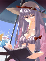 Rule 34 | 1girl, adapted costume, beach umbrella, bespectacled, bikini, book, bow, breasts, cleavage, cocktail, collarbone, drinking straw, female focus, food, glass, glasses, hair bow, hat, hat ribbon, holding, holding book, long hair, looking down, medium breasts, mouth hold, open book, patchouli knowledge, popsicle, purple eyes, purple hair, reading, ribbon, shiren, shiren (monochrome structure), sketch, solo, straw hat, striped bikini, striped clothes, swimsuit, touhou, umbrella, vertical-striped bikini, vertical-striped clothes