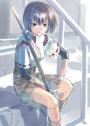 Rule 34 | 10s, 1girl, brown eyes, brown hair, green skirt, highres, hyuuga (kancolle), japanese clothes, kantai collection, looking to the side, nontraditional miko, pleated skirt, short hair, sitting, skin tight, skirt, smile, solo, suzumaru, sword, undershirt, weapon, wooden sword