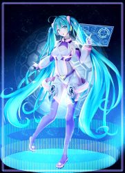 Rule 34 | 1girl, absurdly long hair, absurdres, ahoge, blue eyes, blue hair, boots, breasts, cleavage cutout, clothing cutout, cropped torso, crossing out (pixiv14028858), floating hair, full body, grey footwear, hatsune miku, highres, index finger raised, long hair, long sleeves, looking at viewer, medium breasts, midriff, navel, open mouth, science fiction, short shorts, shorts, solo, standing, standing on one leg, stomach, thigh boots, thighhighs, twintails, very long hair, vocaloid, white shorts