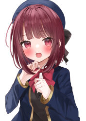 Rule 34 | 1girl, absurdres, arima kana, beret, black bow, black ribbon, black vest, blue hat, blue jacket, blush, bow, commentary request, hat, hat bow, highres, jacket, long sleeves, okome2028, open clothes, open jacket, open mouth, oshi no ko, pink bow, pink ribbon, red eyes, red hair, ribbon, school uniform, shirt, short hair, simple background, solo, vest, white background, white shirt, youtou high school uniform