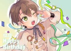Rule 34 | 1boy, blush, brown hair, dated, earrings, green background, green eyes, happy birthday, hoe satsuki, jewelry, long sleeves, looking to the side, mahoutsukai no yakusoku, male focus, mitile flores, multicolored background, one eye closed, open mouth, shirt, short hair, solo, teeth, white shirt