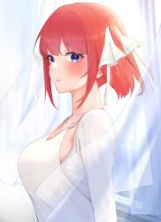 Rule 34 | 1girl, alternate color, alternate costume, arm at side, blue eyes, blush, breasts, butterfly hair ornament, commentary request, curtains, dress, eyelashes, from side, go-toubun no hanayome, hair ornament, hair ribbon, highres, indoors, kakato 0, large breasts, looking at viewer, nakano nino, parted lips, red eyes, ribbon, short hair, sidelocks, simple background, solo, straight hair, two side up, upper body, white background, white dress, white ribbon, white theme, wind, wind lift, window