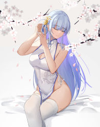 Rule 34 | 1girl, adjusting hair, alternate costume, ayaka (genshin impact), baige0, bare arms, bare shoulders, blue hair, blue nails, blunt bangs, branch, breasts, china dress, chinese clothes, cleavage, cleavage cutout, closed eyes, closed mouth, clothing cutout, covered navel, crossed legs, dress, flower, genshin impact, groin, hair flower, hair ornament, hair rings, highres, large breasts, long hair, nail polish, no panties, pelvic curtain, petals, simple background, sitting, sleeveless, sleeveless dress, smile, solo, thighhighs, very long hair, white background, white dress, white thighhighs