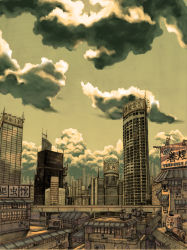 Rule 34 | 2nd renaissance, absurdres, billboard, building, city, cityscape, cloud, green theme, highres, md5 mismatch, monochrome, no humans, original, scenery, sepia, sign, sky