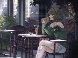 Rule 34 | 1girl, bare shoulders, blue eyes, bob cut, brown hair, cafe, closed mouth, day, drink, green eyes, green hair, green sweater, heterochromia, idolmaster, idolmaster cinderella girls, kaoming, crossed legs, looking at viewer, mole, mole under eye, off shoulder, outdoors, short hair, shorts, sitting, smile, solo, solo focus, sweater, takagaki kaede, tsurime