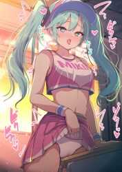 Rule 34 | absurdres, aqua eyes, aqua hair, blush, cheerleader, clothes lift, commentary request, commission, crop top, crotch rub, darumoon, desk, female masturbation, hatsune miku, heart, heart-shaped pupils, highres, indoors, lifted by self, long hair, masturbation, midriff, open mouth, orange sky, panties, pink shirt, pink skirt, pixiv commission, project diva (series), pussy juice, pussy juice drip through clothes, school desk, shirt, skirt, skirt lift, sky, sleeveless, sleeveless shirt, symbol-shaped pupils, table humping, tongue, tongue out, twintails, two-tone shirt, underwear, visor cap, vocaloid, white panties, white shirt