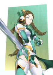 Rule 34 | 1girl, absurdres, alternate costume, alternate universe, breasts, brown hair, elbow gloves, frown, gloves, green eyes, green gloves, green leotard, highres, holding, holding sword, holding weapon, humanization, leotard, long hair, looking at viewer, low-tied long hair, medium breasts, parted bangs, phara suyuf, senki zesshou symphogear, sidelocks, solo, sword, thighhighs, v-shaped eyebrows, weapon, yuuyatails