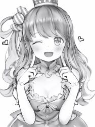 Rule 34 | 1girl, absurdres, bracelet, breasts, candy hair ornament, cleavage, collarbone, crescent collar, crown, curly hair, detached collar, detached sleeves, dress, food-themed hair ornament, hair ornament, happy, heart, heart in eye, highres, himemori luna, himemori luna (1st costume), hololive, jewelry, leaning forward, long hair, looking at viewer, medium breasts, nanashi (nlo), one eye closed, open mouth, ribbon, simple background, single hair ring, small breasts, smile, solo, star (symbol), swept bangs, symbol in eye, teeth, underbust, upper teeth only, virtual youtuber
