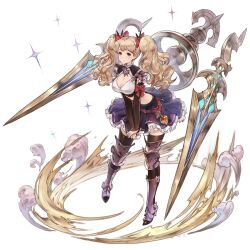 Rule 34 | 1girl, arm bow, black thighhighs, blonde hair, blue brooch, bow, breasts, cleavage, cleavage cutout, closed mouth, clothing cutout, commentary, delia letter, floating, floating object, floating sword, floating weapon, frilled skirt, frills, full body, hair bow, highres, leaning forward, leg armor, looking ahead, medium breasts, midriff, original, own hands together, pointy ears, red bow, skirt, solo, sparkling aura, sword, thighhighs, twintails, wavy hair, weapon, zettai ryouiki