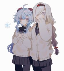 Rule 34 | 2girls, ahoge, black pantyhose, black skirt, blue hair, cardigan, commentary, cowboy shot, ganyu (genshin impact), genshin impact, grey cardigan, grey eyes, grey hair, highres, horns, inagoinaire, long braid, long hair, looking at viewer, miniskirt, multiple girls, own hands together, pantyhose, pleated skirt, shenhe (genshin impact), simple background, skirt, smile, standing, very long hair, white background