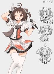 Rule 34 | 1girl, antenna hair, brown eyes, brown hair, closed mouth, double bun, frilled skirt, frills, gloves, grey background, grin, hair bun, holding, holding microphone, kantai collection, microphone, multiple views, naka (kancolle), neckerchief, one eye closed, open mouth, puffy short sleeves, puffy sleeves, rin (rin niji), sailor collar, school uniform, serafuku, short hair, short sleeves, simple background, skirt, smile, tears, thighhighs, twitter username, v, white gloves, white sailor collar, white thighhighs