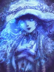 Rule 34 | 1girl, blue eyes, blue hair, blue skin, blue theme, cloak, closed mouth, colored skin, cracked skin, elden ring, extra arms, extra faces, eyelashes, facial mark, fur cloak, ghost, glowing, hat, hat ornament, jewelry, leki ixion, lips, long hair, looking at viewer, medium hair, one eye closed, own hands together, ranni the witch, ring, smile, solo, upper body, wavy hair, witch hat