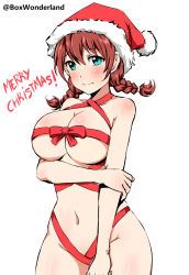 Rule 34 | 1girl, blush, box wonderland, breasts, cameltoe, closed mouth, emma verde, english text, freckles, green eyes, hat, highres, large breasts, looking at viewer, love live!, love live! nijigasaki high school idol club, merry christmas, nude, red hair, ribbon, santa hat, simple background, solo, standing, white background, wrapped up