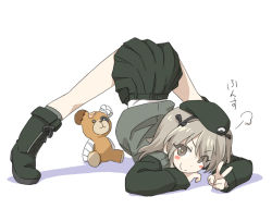 Rule 34 | 1girl, bandages, black ribbon, blush stickers, boko (girls und panzer), brown eyes, closed mouth, commentary, emblem, flexible, girls und panzer, hair ribbon, jack-o&#039; challenge, japanese tankery league (emblem), light brown hair, long hair, long sleeves, looking at viewer, meme, one side up, ribbon, selection university military uniform, shadow, shimada arisu, simple background, skirt, smile, solo, spread legs, stuffed animal, stuffed toy, teddy bear, tewarusa, top-down bottom-up, translated, v, white background, wide spread legs