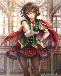 Rule 34 | 1girl, aiguillette, blue eyes, brown hair, cape, eikou no guardian battle, elbow gloves, glasses, gloves, highres, looking at viewer, madogawa, official art, pantyhose, plaid, plaid skirt, pointing, skirt, solo, uniform, vest, white gloves