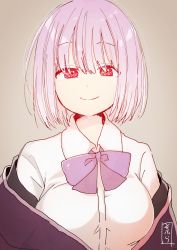 Rule 34 | 10s, 1girl, blush, bow, breasts, brown background, closed mouth, collared shirt, commentary, dress shirt, gridman universe, hair between eyes, highres, jacket, looking at viewer, medium breasts, off shoulder, pink hair, purple bow, purple jacket, red eyes, shinjou akane, shirt, short hair, simple background, smile, sofra, solo, ssss.gridman, upper body, white shirt