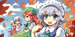 Rule 34 | 5girls, ascot, autumn, autumn leaves, bat wings, beret, blonde hair, blue eyes, blue sky, blunt bangs, bow, braid, breast hold, breasts, chibi, circle cut, closed eyes, cloud, colonel aki, commentary request, crossed arms, falling leaves, flandre scarlet, hair between eyes, hair bow, hand up, hat, hong meiling, izayoi sakuya, leaf, light purple hair, long hair, maid, maid headdress, mob cap, multiple girls, open mouth, outstretched arms, patchouli knowledge, purple hair, red eyes, red hair, remilia scarlet, short sleeves, silver hair, sitting, skirt, sky, smile, spread arms, standing, star (symbol), touhou, twin braids, wings