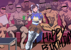 Rule 34 | 1girl, 6+boys, ^ ^, ^o^, abs, bald, black hair, blonde hair, boots, bracelet, breasts, brown pantyhose, bulge, cake, capcom, censored, china dress, chinese clothes, chun-li, closed eyes, commentary request, couch, double bun, dress, drink, food, grin, hair bun, happy birthday, hetero, highres, identity censor, jewelry, makinaru, meme, multiple boys, pantyhose, piper perri surrounded (meme), sitting, smile, spiked bracelet, spikes, street fighter, table, topless, v