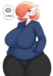 Rule 34 | 1girl, absurdres, alternate color, alternate shiny pokemon, black eyes, black pants, blue sweater, bob cut, breasts, bright pupils, colored skin, creatures (company), english text, fat, female focus, game freak, gardevoir, gen 3 pokemon, glasses, hair over one eye, hands in pockets, highres, huge breasts, looking at viewer, nintendo, one eye covered, pants, parted lips, pince-nez, pink hair, pokemon, pokemon (creature), round eyewear, saltyxodium, semi-rimless eyewear, short hair, simple background, solo, speech bubble, sweater, talking, teeth, thick thighs, thighs, white background, white pupils, white skin, wide hips