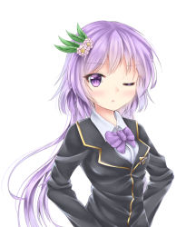 Rule 34 | 1girl, akiteru (akiteru98), black jacket, blush, bow, bowtie, collared shirt, commentary, flower, hair flower, hair ornament, hands on own hips, highres, jacket, long hair, long sleeves, looking at viewer, one eye closed, parted lips, purple bow, purple bowtie, purple eyes, purple hair, school uniform, shirt, simple background, solo, touhou, tsukumo benben, upper body, white background, wing collar
