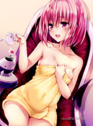 Rule 34 | 10s, 1girl, :d, absurdres, areola slip, blush, breasts, collarbone, covered navel, demon tail, dutch angle, fingernails, hair between eyes, hand on own chest, highres, long fingernails, looking at viewer, medium breasts, momo velia deviluke, naked towel, official art, open mouth, pink hair, purple eyes, scan, sitting, smile, solo, sparkle, tail, to love-ru, to love-ru darkness, towel, vase, wet, wet hair, yabuki kentarou, yellow towel