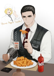 Rule 34 | 1boy, 1girl, black eyes, black hair, chef, chef hat, chicken nuggets, chocolate milk, dinosaur chicken nuggets, don quixote (project moon), english text, fork, hat, highres, id card, ketchup bottle, limbus company, male focus, meursault (project moon), necktie, ok sign, open mouth, project moon, red necktie, sasoura, shirt, short hair, simple background, sitting, table, vest, white background, white shirt, yellow eyes