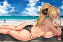 Rule 34 | 1girl, absurdres, anima (togashi), ass, bare arms, bare shoulders, beach, beach towel, bikini, bikini bottom only, blue sky, breast press, breasts, cleavage, cloud, cloudy sky, commentary request, creatures (company), cynthia (pokemon), day, game freak, garchomp, gen 3 pokemon, gen 4 pokemon, hair ornament, high ponytail, highres, large breasts, long hair, looking at viewer, looking over eyewear, lucario, lying, milotic, mountain, nintendo, ocean, on stomach, outdoors, parted lips, poke ball, pokemon, pokemon (creature), pokemon dppt, purple-tinted eyewear, sideboob, simple background, sky, sunglasses, sweat, sweatdrop, swimsuit, thighs, tinted eyewear, topless, towel, water