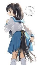 Rule 34 | 1girl, absurdres, black hair, blue eyes, blue sailor collar, blue skirt, blush, commentary request, fake tail, feet out of frame, from behind, hair flowing over, hair ribbon, high ponytail, highres, holding, holding own hair, horse, kneehighs, leaning forward, long hair, long sleeves, looking at viewer, looking back, low-tied long hair, original, parted lips, pentagon (railgun ky1206), pleated skirt, ponytail, ribbon, sailor collar, school uniform, serafuku, shirt, simple background, skirt, socks, solo, standing, tail, thought bubble, very long hair, white background, white shirt, white socks, yellow ribbon