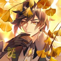 Rule 34 | 1boy, black gloves, blurry, blurry background, blurry foreground, brown hair, collar, collared shirt, cup, earrings, formal, genshin impact, ginkgo leaf, gloves, hair between eyes, highres, holding, holding cup, honesitasakana, jacket, jewelry, leaf, long hair, long sleeves, male focus, open mouth, shirt, single earring, smile, solo, suit, tassel, tassel earrings, teacup, yellow eyes, zhongli (genshin impact)