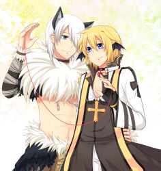 Rule 34 | 2boys, animal ears, arch bishop (ragnarok online), black cape, black choker, black gloves, black jacket, black wings, blonde hair, blue eyes, brown coat, brown pants, cape, cat ears, chain, choker, closed mouth, coat, commentary request, cowboy shot, cropped jacket, cross, cross necklace, demon wings, fingerless gloves, fur collar, gloves, hair between eyes, hair over one eye, head wings, jacket, jewelry, long sleeves, looking at another, multiple boys, necklace, oruserug, pants, ragnarok online, shadow chaser (ragnarok online), short hair, shrug (clothing), smile, string, string of fate, waist cape, white hair, white jacket, white pants, wings, yaoi