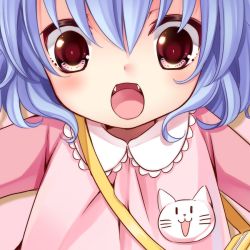 Rule 34 | 1girl, aged down, bad id, bad pixiv id, blue hair, blush, child, close-up, fangs, female focus, irori, kindergarten uniform, looking at viewer, open mouth, red eyes, remilia scarlet, solo, touhou